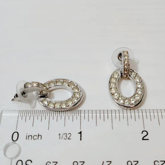 Vintage Bijoux GIVENCHY Silver tone Open Circle Pave Drop Earrings POST BACK NOS - Picture 3 of 6